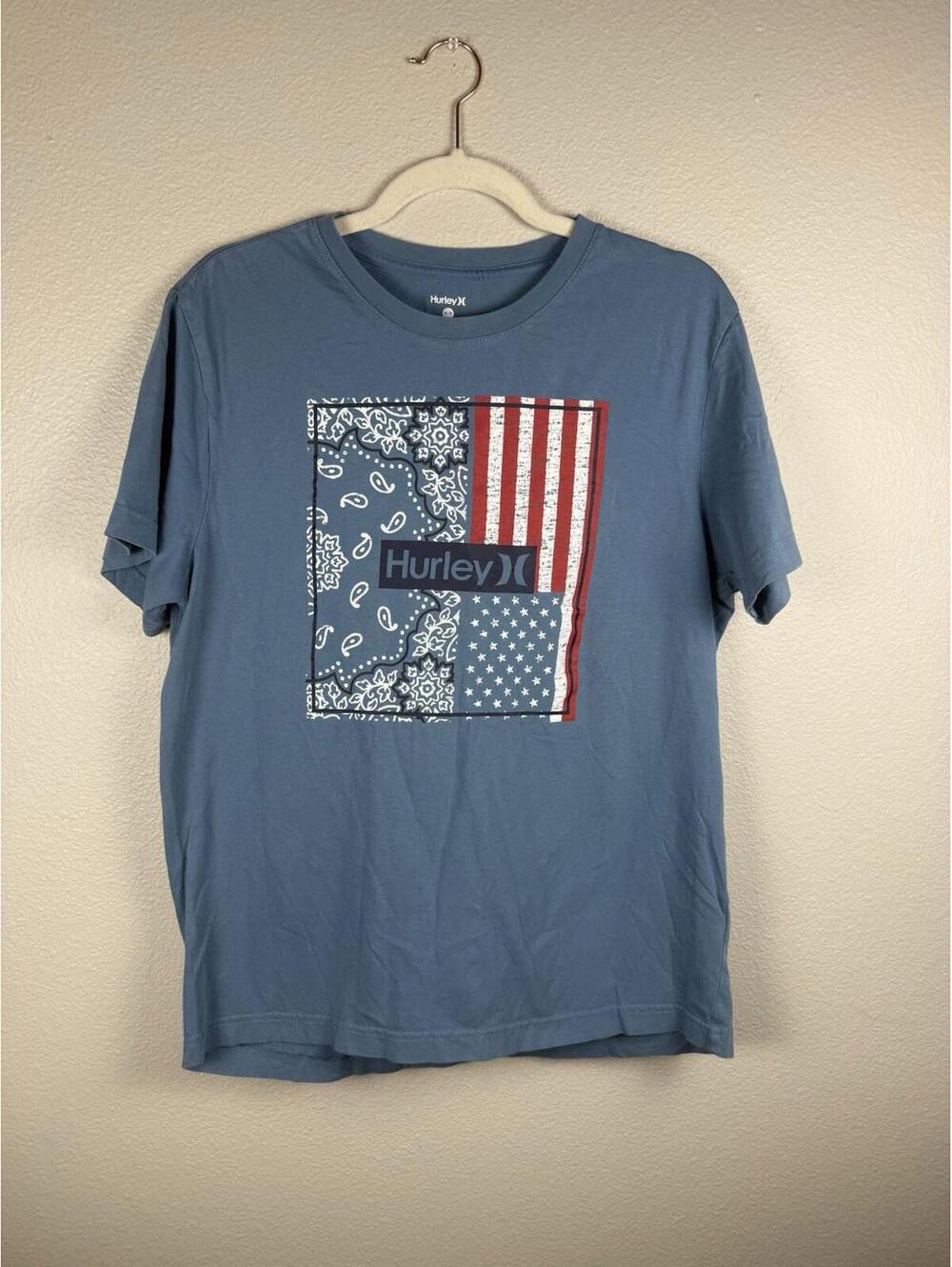 Hurley Men’s Medium Graphic T-Shirt Blue Bandana American Flag Logo